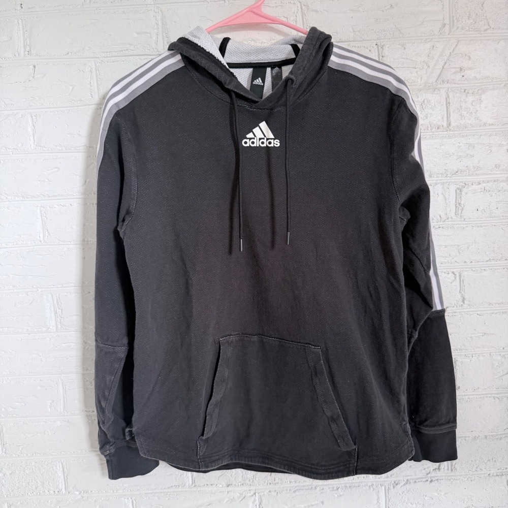 Adidas Black‎ Gray 3 Stripe Hoodie Pullover Athletic Gym Sportswear Size S